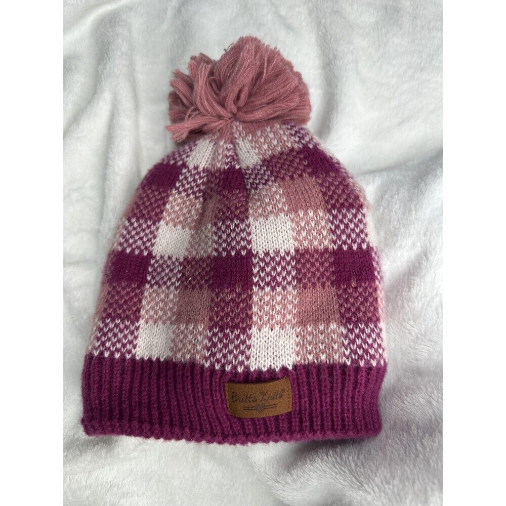 Britt's Knits Hat Beanie OS Pink Plaid Pom Lined Fleece Womens Winter Knit